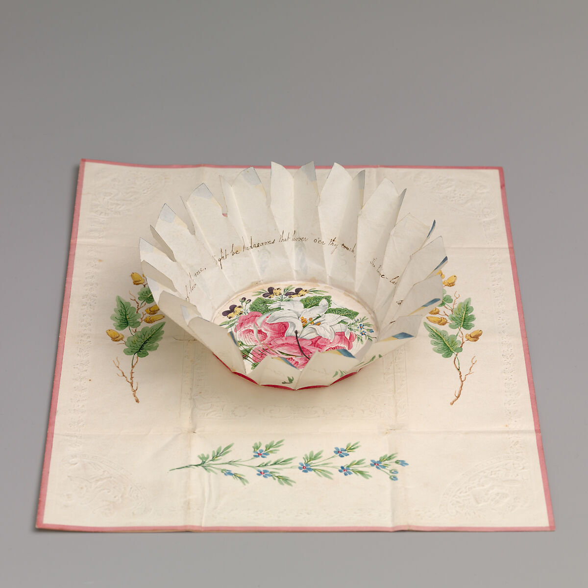 Cobweb Valentine with Morning Glory, Anonymous, British, 19th century, Watercolor, pen and brown ink on cameo-embossed paper