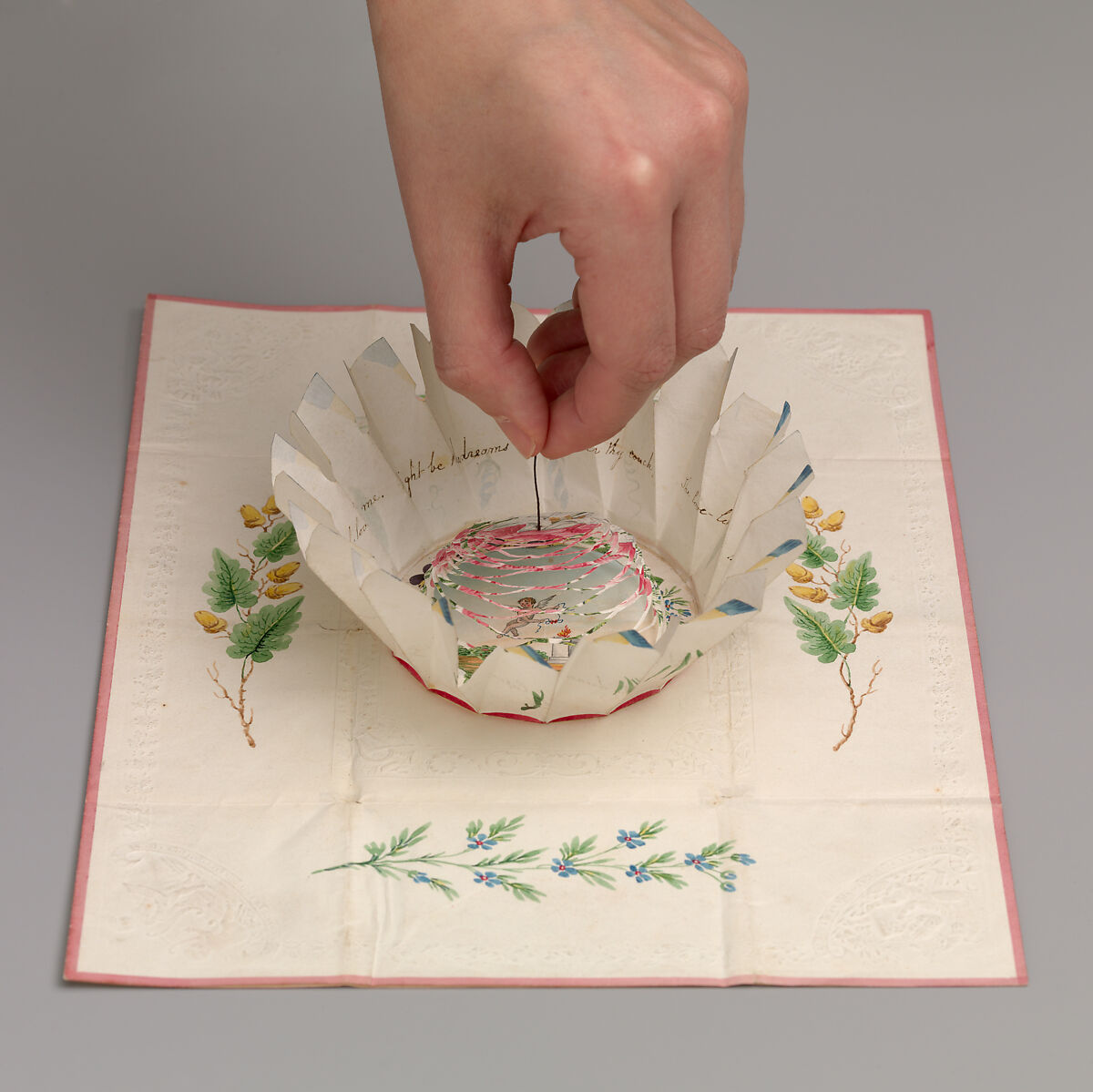 Cobweb Valentine with Morning Glory, Anonymous, British, 19th century, Watercolor, pen and brown ink on cameo-embossed paper