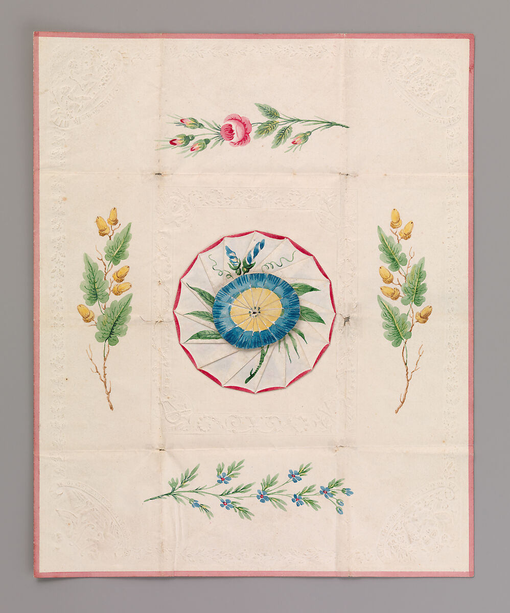 Cobweb Valentine with Morning Glory, Anonymous, British, 19th century, Watercolor, pen and brown ink on cameo-embossed paper 