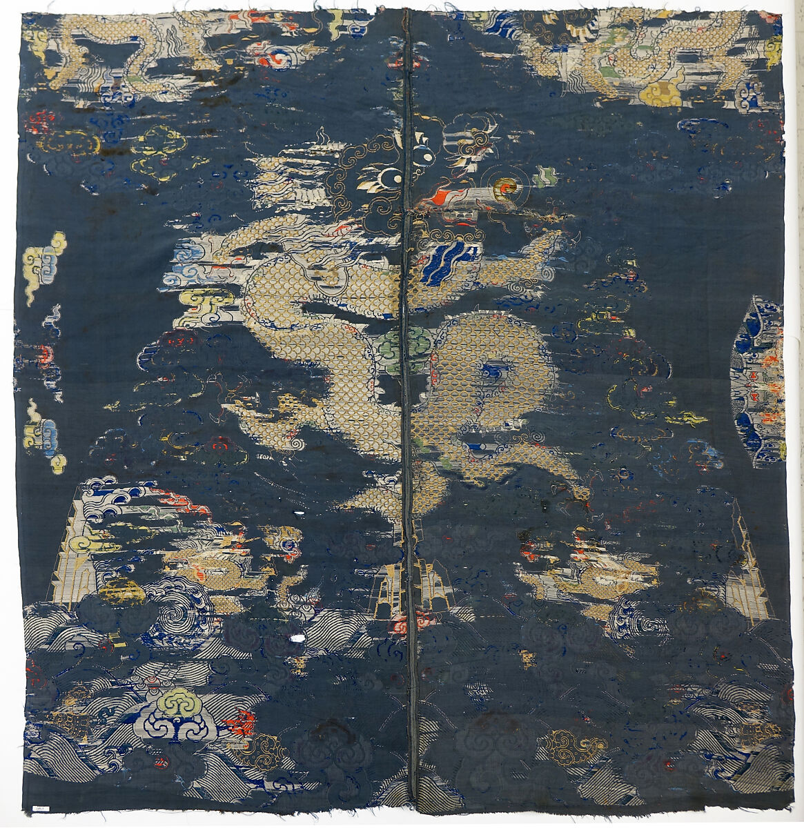 Panel with dragon (part of a robe-length), Silk brocade satin, gold thread, peacock feather filaments, China