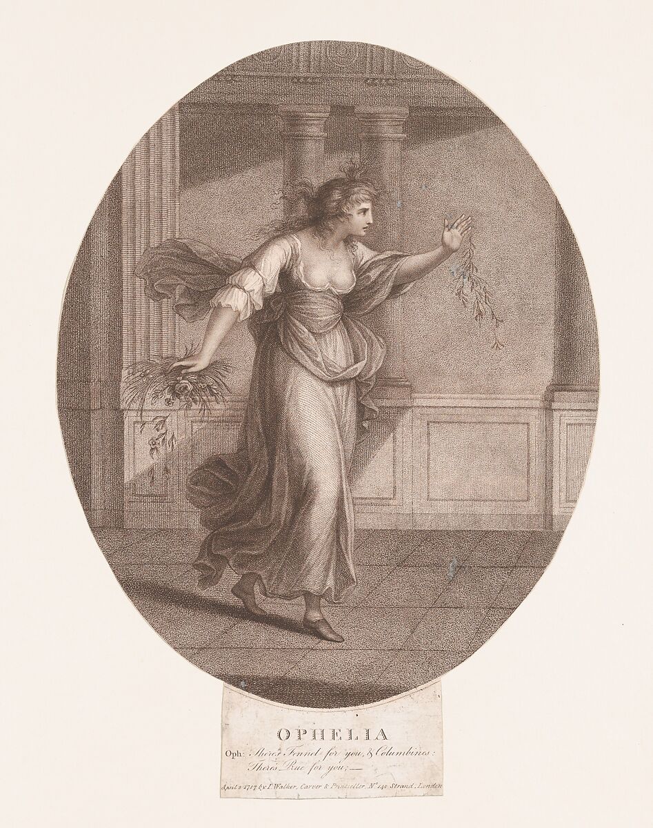 Ophelia: "There's fennel for you, and columbines" (Shakespeare, Hamlet, Act 4, Scene 5), William Wynne Ryland (British, baptized London 1732–1783 London), Stipple engraving, printed in brown ink 