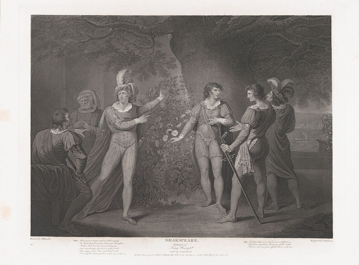 Picking of the Red and White Roses (Shakespeare, King Henry the Sixth, Part 1, Act 2, Scene 4), John Ogborne (British, Chelmsford, Essex 1755–1837 London), Stipple engraving 