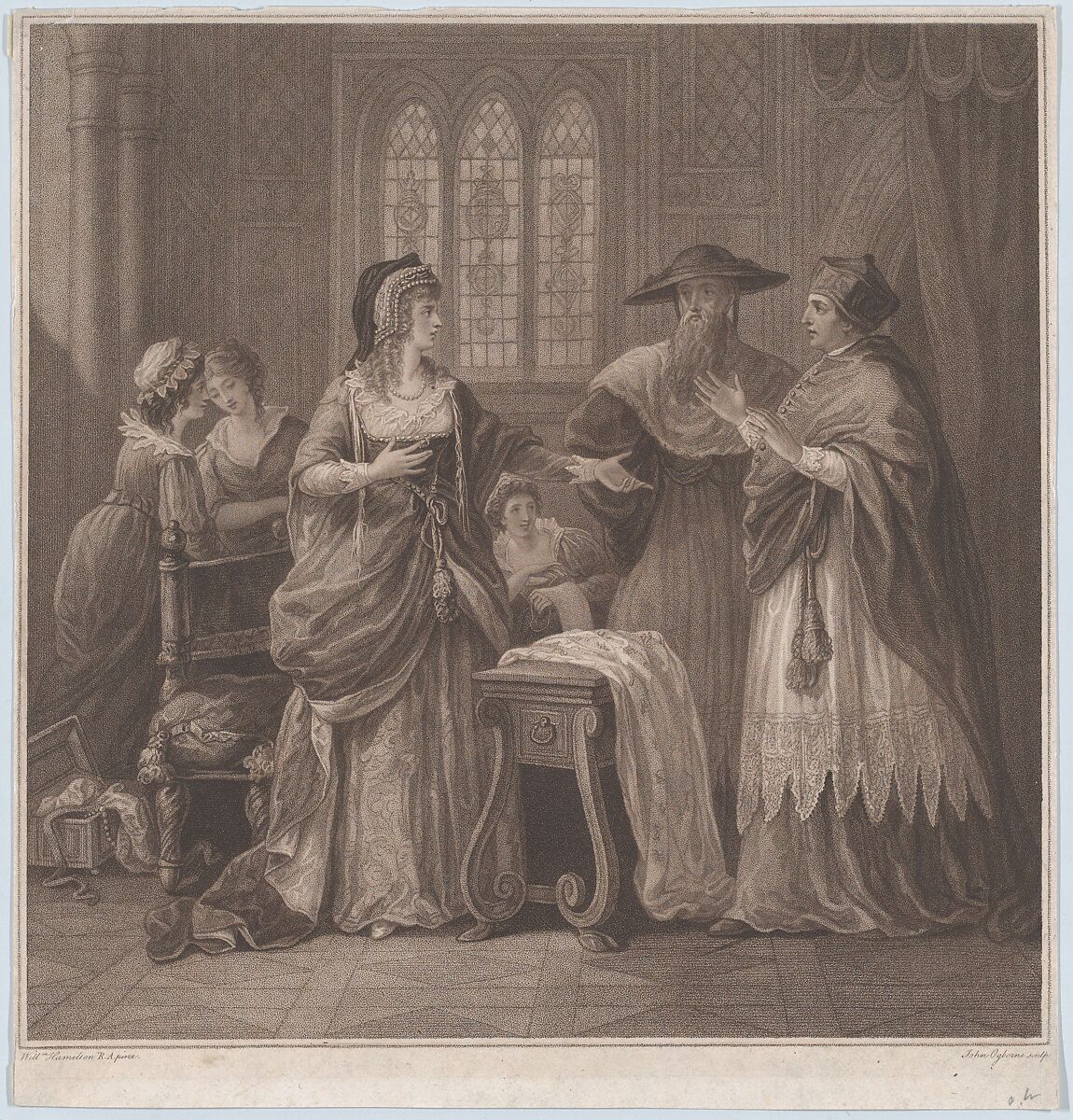 The Resentment of Queen Catherine (Paul de Rapin, History of England), John Ogborne (British, Chelmsford, Essex 1755–1837 London), Stipple engraving with etching 