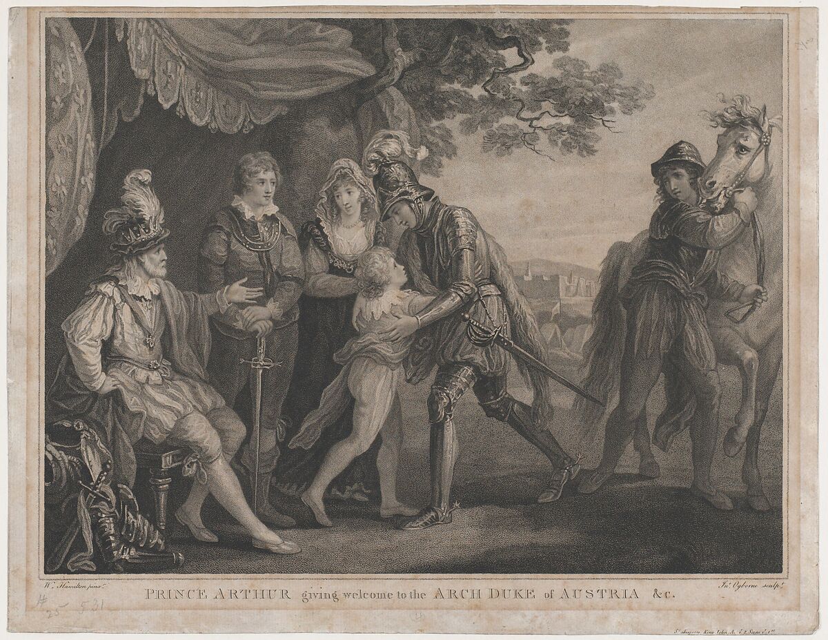 Prince Arthur Giving Welcome to the Archduke of Austria, etc. (Shakespeare, King John, Act 2, Scene 1), John Ogborne (British, Chelmsford, Essex 1755–1837 London), Stipple engraving 