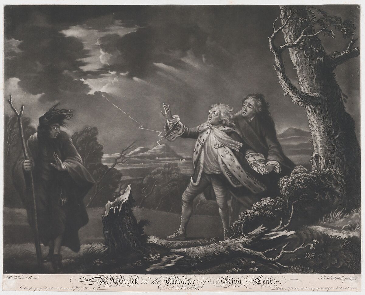 Mr. Garrick in the Character of King Lear (Shakespeare, King Lear, Act 3, Scene 1), James McArdell (Irish, Dublin 1729–1765 London), Mezzotint; second state 