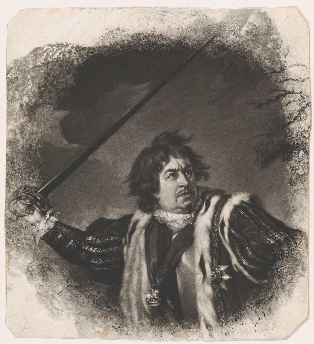 David Garrick as Richard III (Shakespeare, King Richard III, Act 5, Scene 8), Samuel William Reynolds, the elder (British, London 1773–1835 London), Mezzotint; fragment of working proof; before first state 