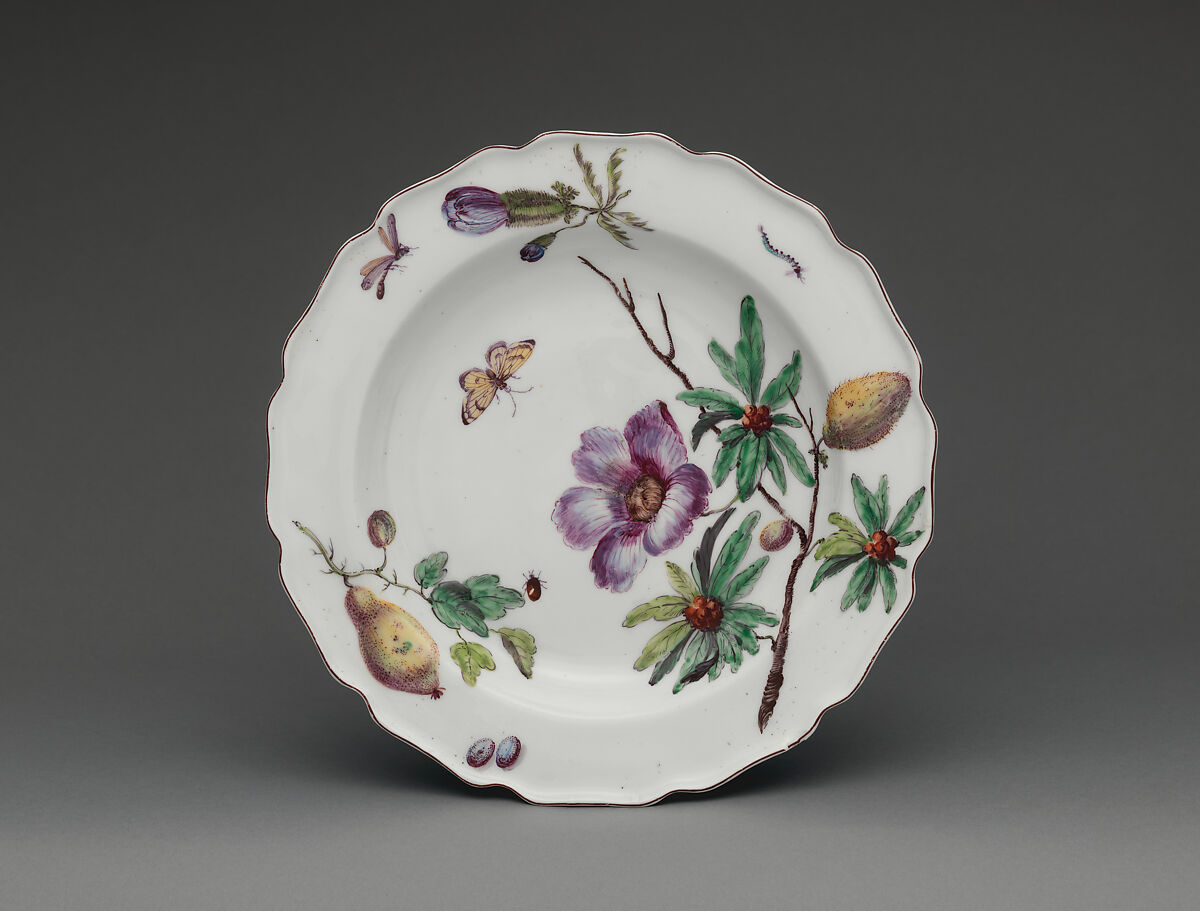 Botanical plate with a tropical specimen, Chelsea Porcelain Manufactory (British, 1745–1784, Red Anchor Period, ca. 1753–58), Soft-paste porcelain, British, Chelsea 