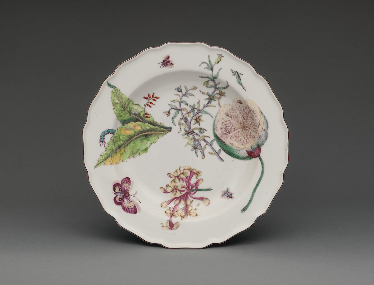 Botanical plate with honeysuckle spray, Chelsea Porcelain Manufactory (British, 1745–1784, Red Anchor Period, ca. 1753–58), Soft-paste porcelain, British, Chelsea 