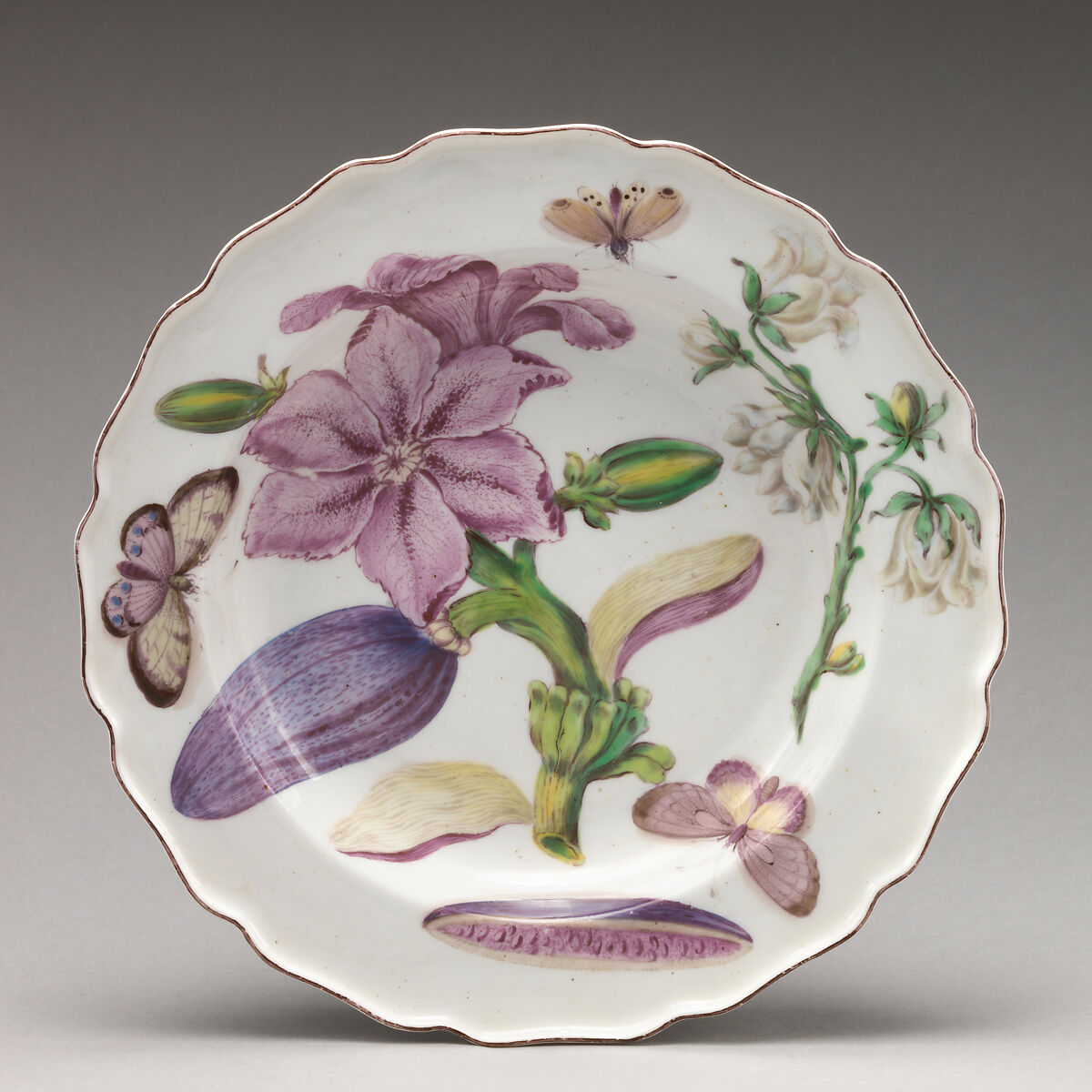 Botanical plate with a flowering eggplant, Chelsea Porcelain Manufactory (British, 1745–1784, Red Anchor Period, ca. 1753–58), Soft-paste porcelain with enamel decoration, British, Chelsea 