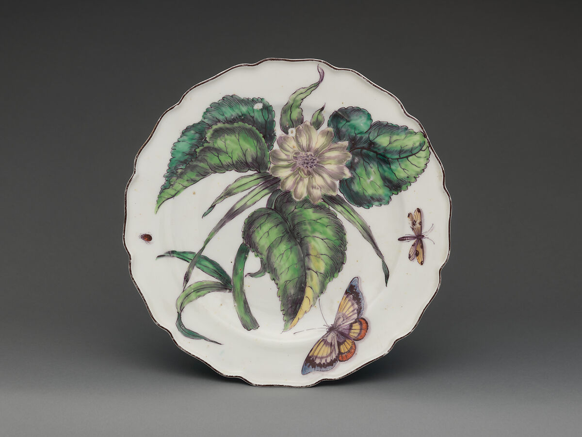 Botanical dish with white sunflower, Chelsea Porcelain Manufactory (British, 1745–1784, Red Anchor Period, ca. 1753–58), Soft-paste porcelain, British, Chelsea 