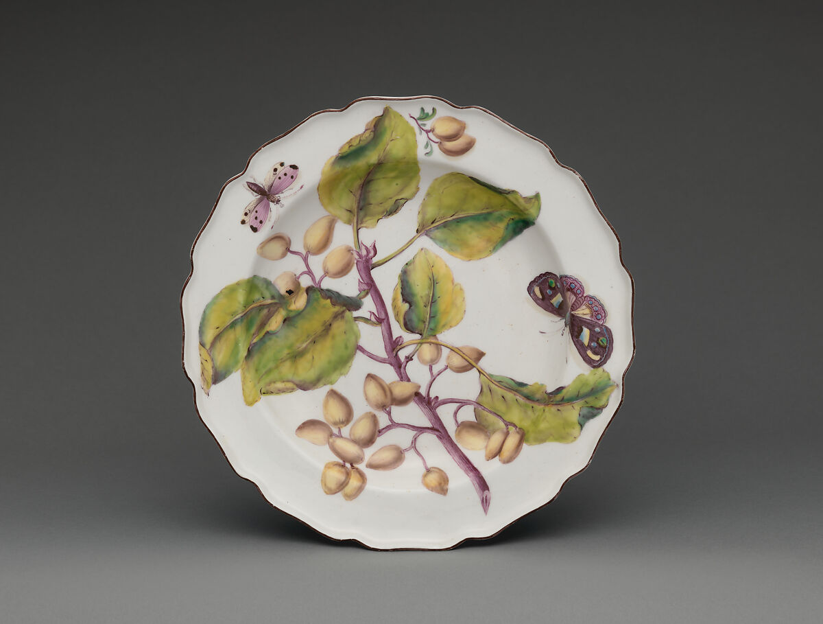 Botanical plate with fruiting branch, Chelsea Porcelain Manufactory (British, 1745–1784, Red Anchor Period, ca. 1753–58), Soft-paste porcelain with enamel decoration, British, Chelsea