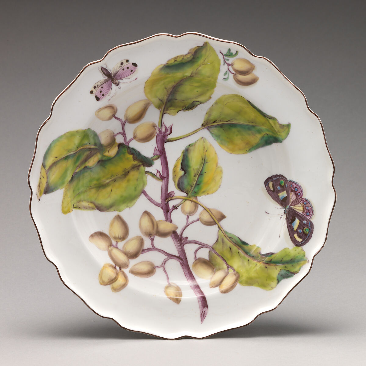 Botanical plate with fruiting branch, Chelsea Porcelain Manufactory (British, 1745–1784, Red Anchor Period, ca. 1753–58), Soft-paste porcelain with enamel decoration, British, Chelsea 