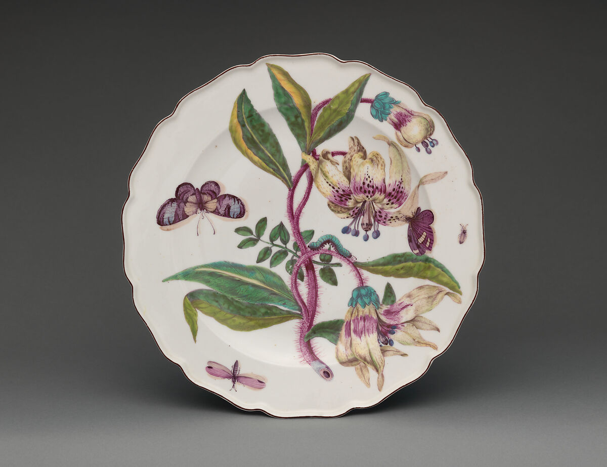 Botanical plate with spray of lilies, Chelsea Porcelain Manufactory (British, 1745–1784, Red Anchor Period, ca. 1753–58), Soft-paste porcelain with enamel decoration, British, Chelsea