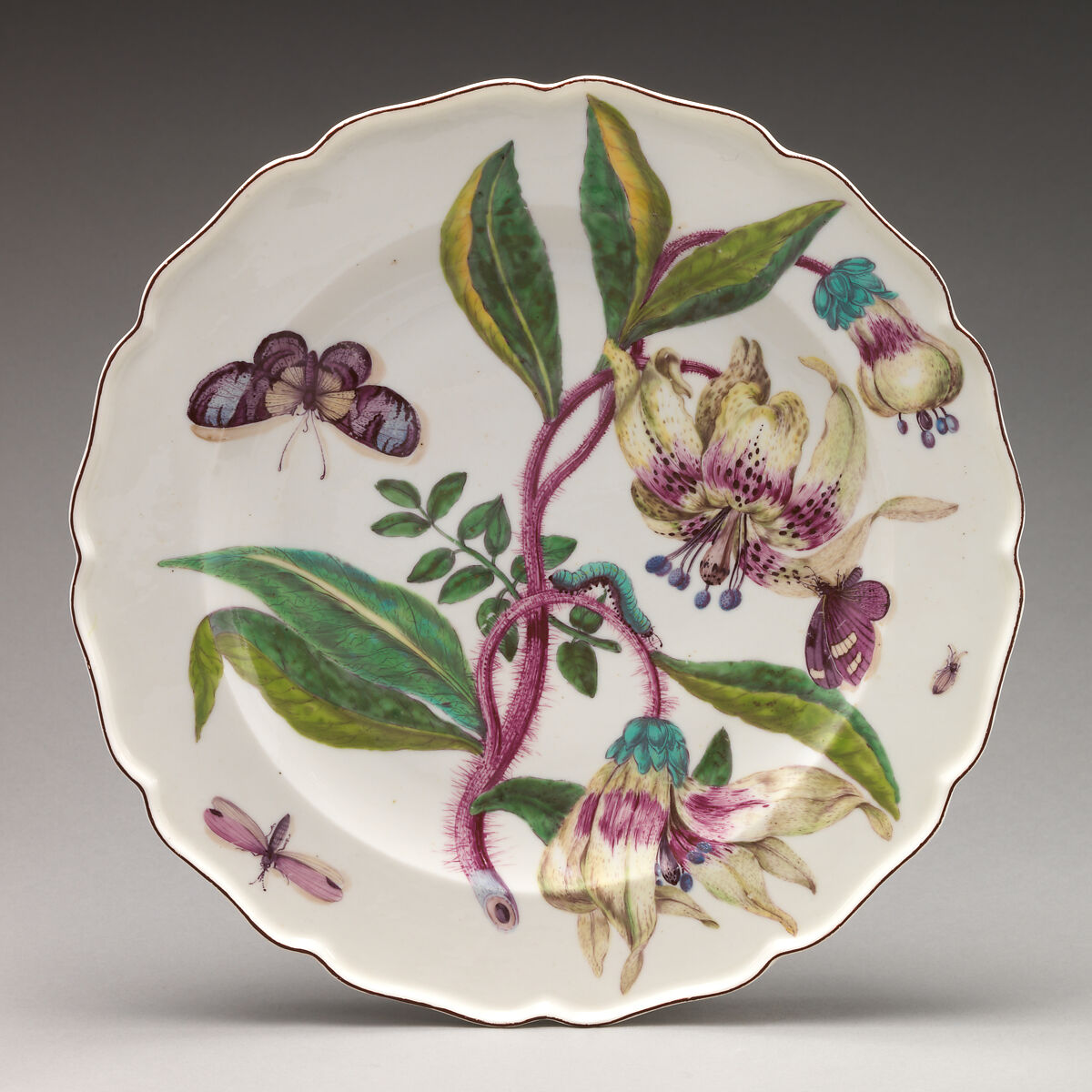 Botanical plate with spray of lilies, Chelsea Porcelain Manufactory (British, 1745–1784, Red Anchor Period, ca. 1753–58), Soft-paste porcelain with enamel decoration, British, Chelsea 