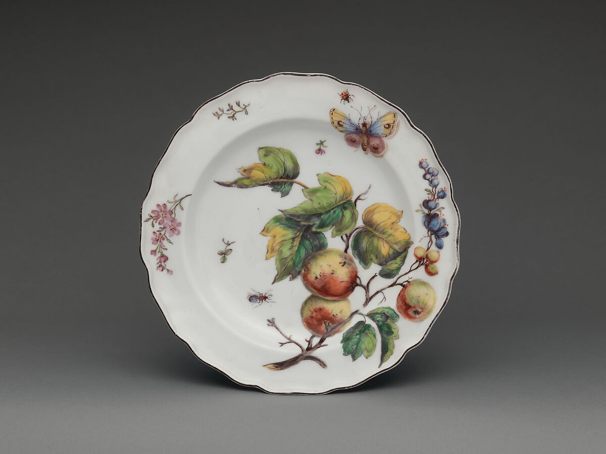 Botanical plate with spray of apples, Chelsea Porcelain Manufactory (British, 1745–1784, Red Anchor Period, ca. 1753–58), Soft-paste porcelain, British, Chelsea 