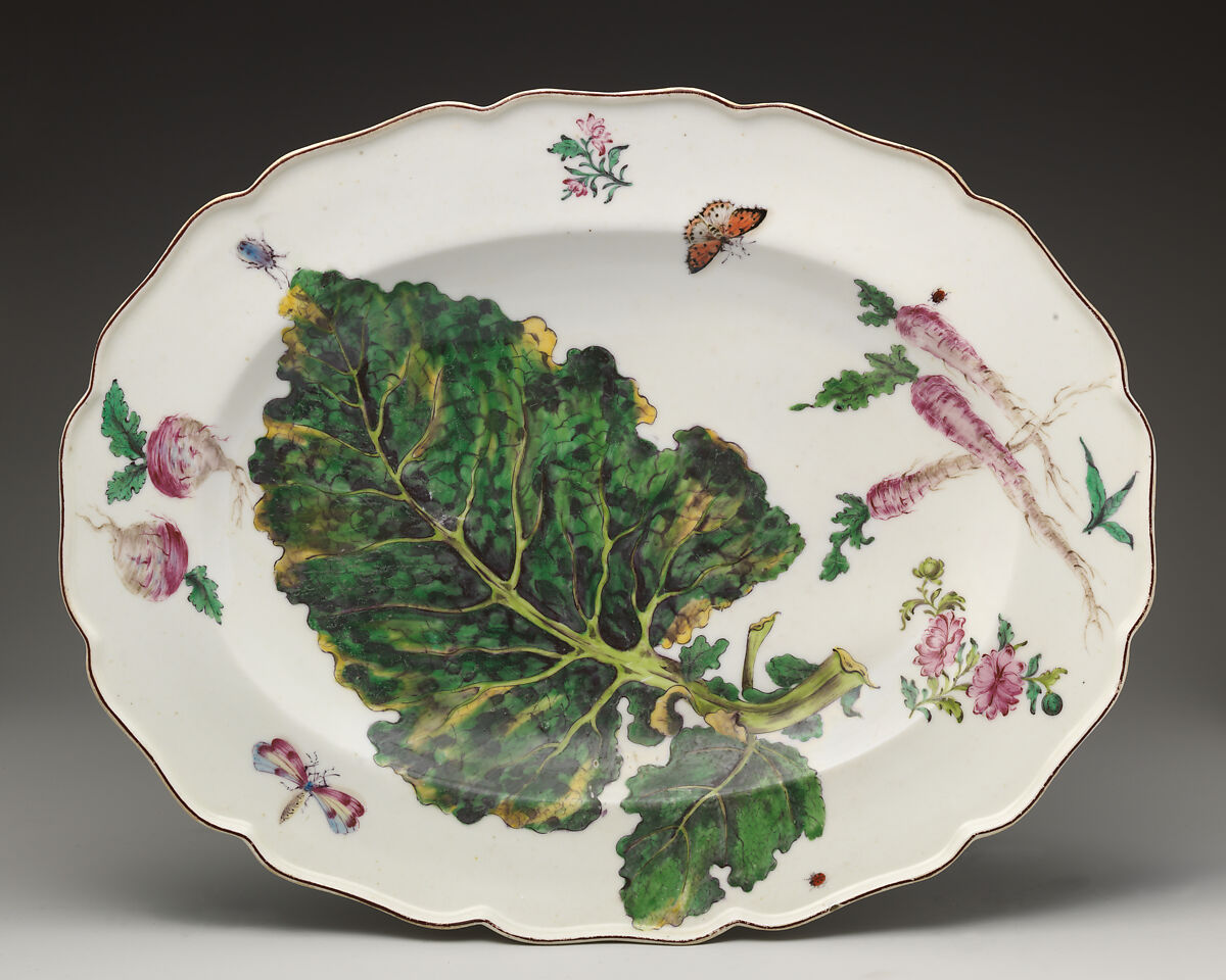 Botanical oval platter with turnip leaf, Chelsea Porcelain Manufactory (British, 1745–1784, Red Anchor Period, ca. 1753–58), Soft-paste porcelain with enamel decoration, British, Chelsea 