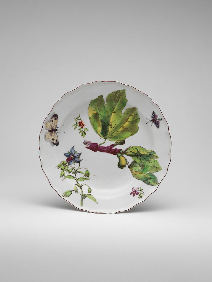 Botanical plate with spray of fruiting fig, Chelsea Porcelain Manufactory (British, 1745–1784, Red Anchor Period, ca. 1753–58), Soft-paste porcelain, British, Chelsea 
