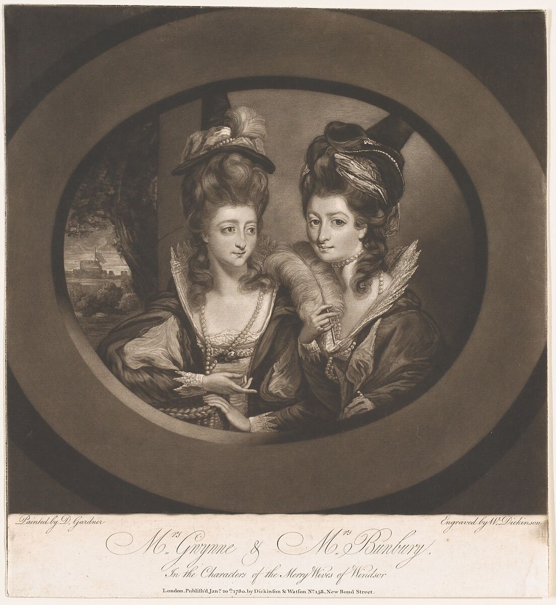 Mrs. Gwyn & Mrs. Bunbury in the Characters of The Merry Wives of Windsor, William Dickinson (British, London? 1746/47?–1823 Paris), Mezzotint; first state 