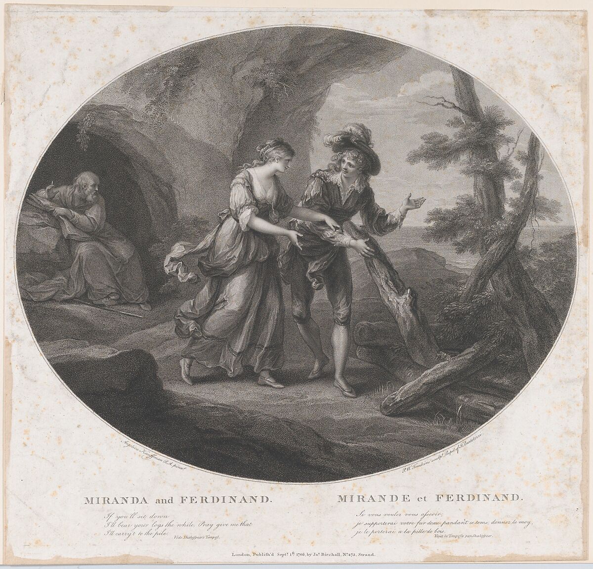 Ferdinand and Miranda (Shakespeare, The Tempest, Act 3, Scene 1), Peltro William Tomkins (British, London 1759–1840 London), Stipple engraving and etching 