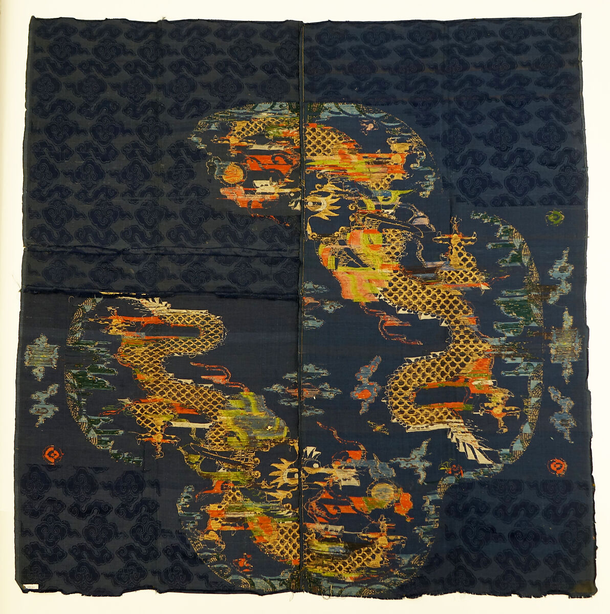 Part of a dragon robe length, Satin damask brocaded with silk and metal thread, China