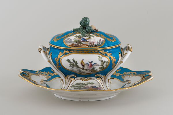 Tureen and Stand (terrine et plateau), Sèvres Manufactory (French, 1740–present), Soft-paste porcelain, decorated in polychrome enamels and gold, French 