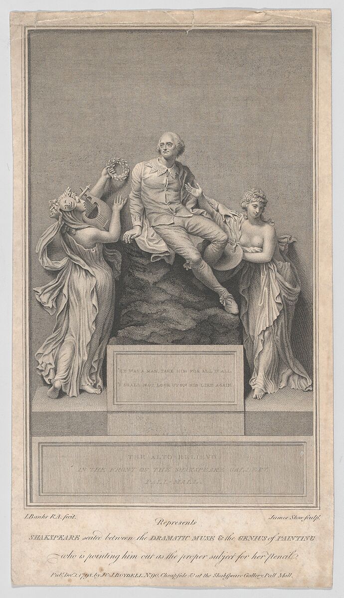 Shakespeare Seated Between the Dramatic Muse and the Genius of Painting, Who is Pointing Him Out as the Proper Subject for Her Pencil, James Stow (British, near Maidstone, Kent 1770–after 1823), Etching and engraving 