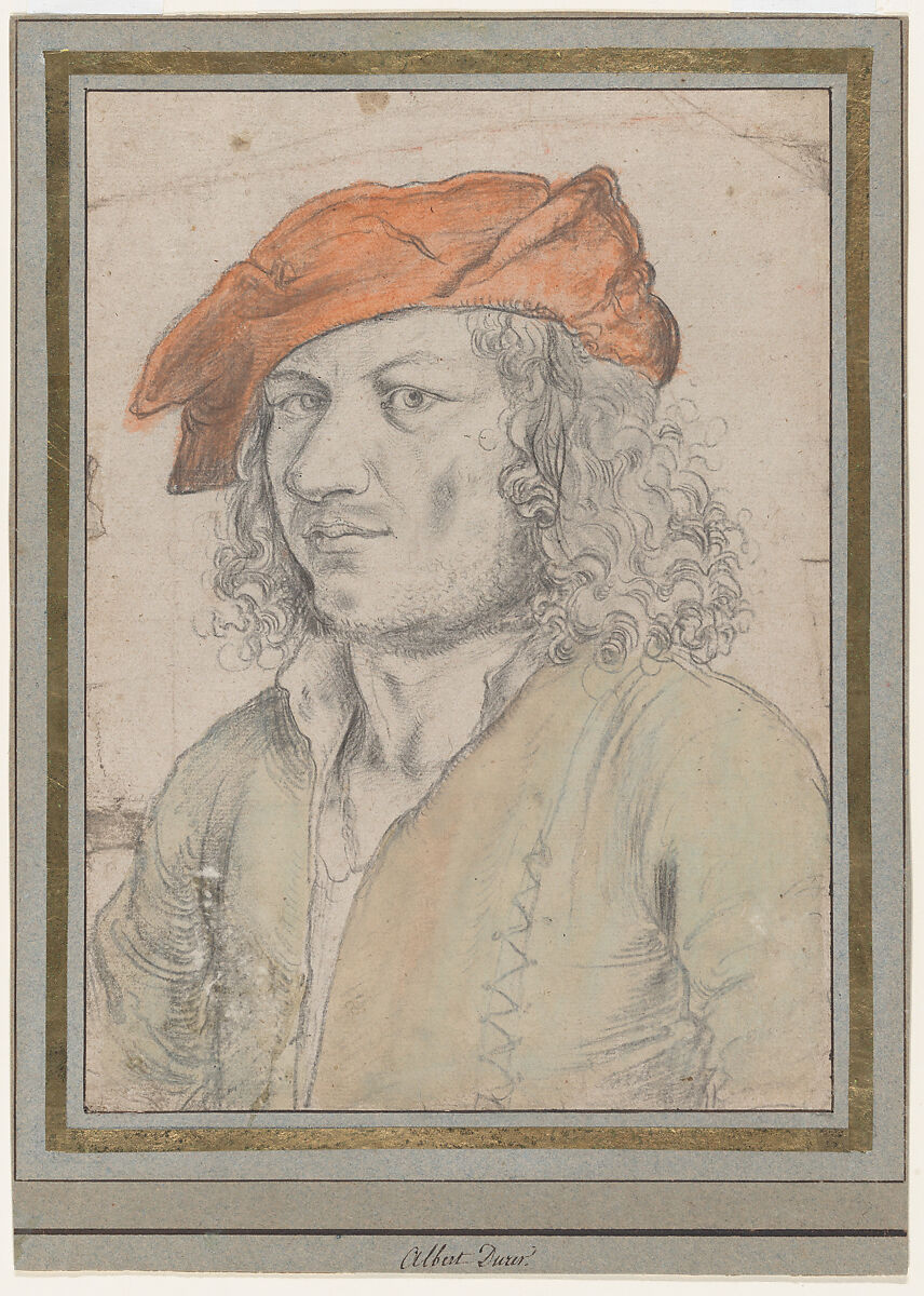 Portrait of a Young Man Wearing a Hat, Anonymous, German, 16th century, Black chalk, watercolor; framing line in pen and brown ink, by a later hand 