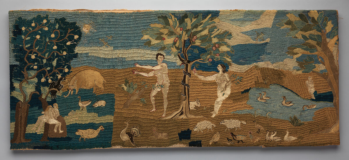 Chimney piece with images of Adam and Eve, Unknown, Wool and silk embroidery on linen, American 