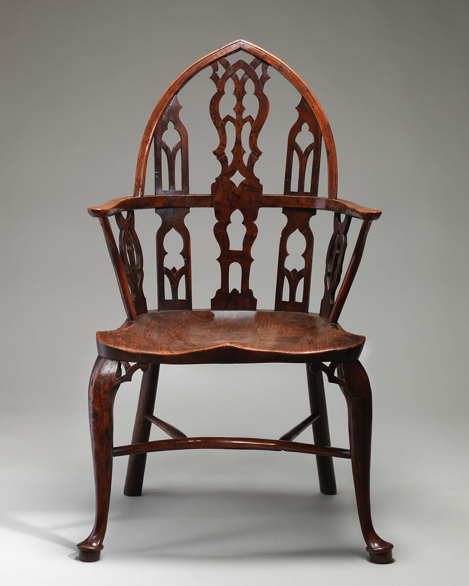 Gothic Windsor armchair (one of a pair), Elm, yew, possibly cherry, British, Thames Valley