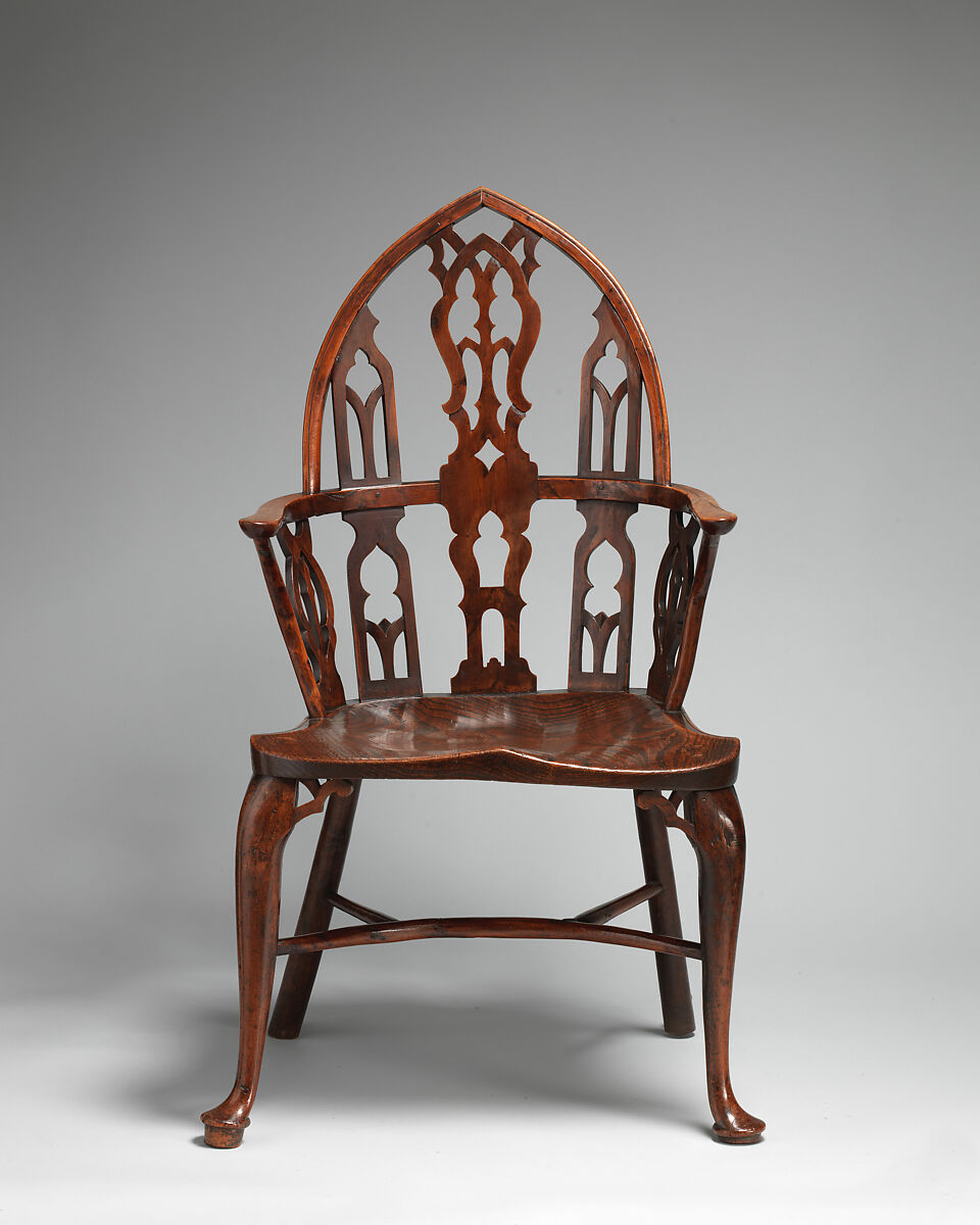 Gothic Windsor armchair (one of a pair), Elm, yew, possibly cherry, British, Thames Valley
