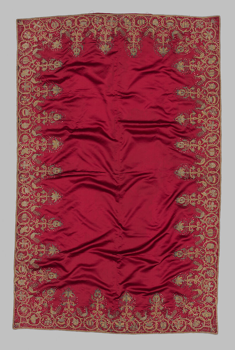 Bearing Cloth, Anonymous, Silk satin embroidered with silver and gilded silver metal-wrapped threads, British