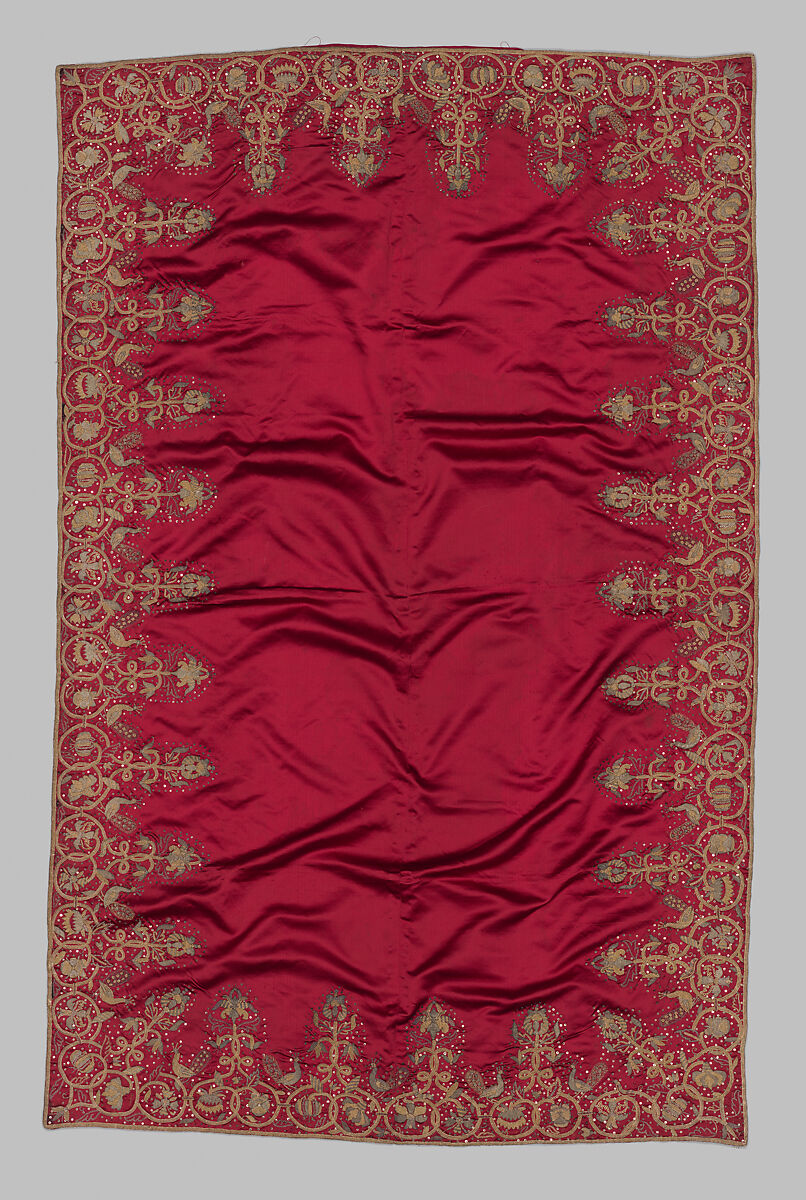 Bearing Cloth, Anonymous, Silk satin embroidered with silver and gilded silver metal-wrapped threads, British 