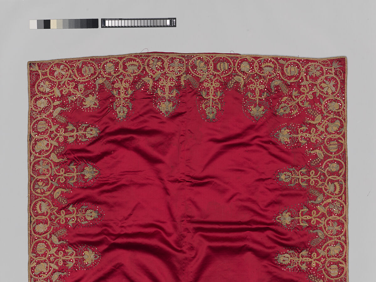 Bearing Cloth, Anonymous, Silk satin embroidered with silver and gilded silver metal-wrapped threads, British