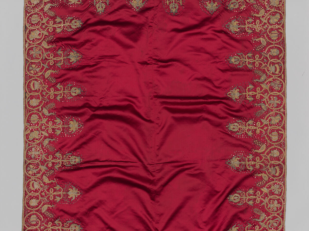 Bearing Cloth, Anonymous, Silk satin embroidered with silver and gilded silver metal-wrapped threads, British