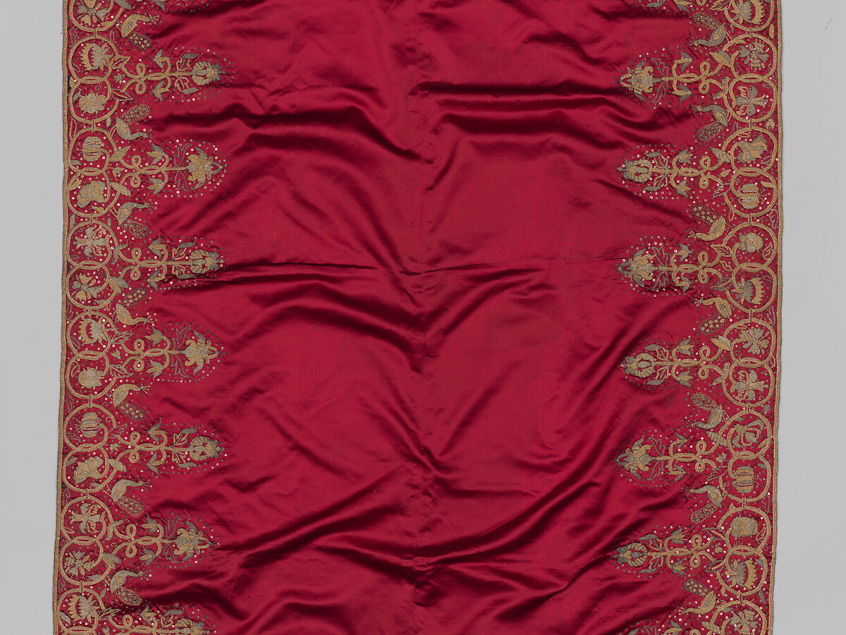 Bearing Cloth, Anonymous, Silk satin embroidered with silver and gilded silver metal-wrapped threads, British