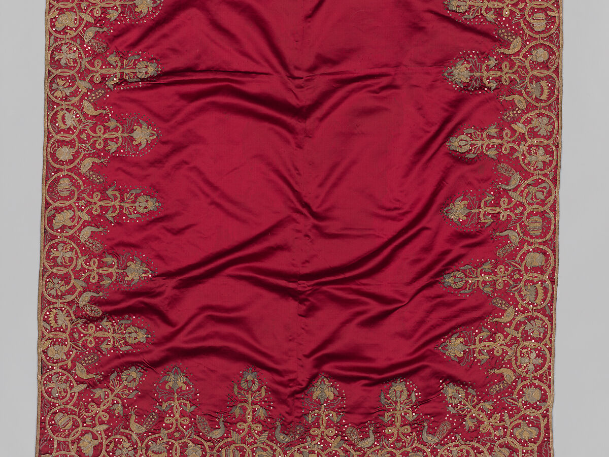 Bearing Cloth, Anonymous, Silk satin embroidered with silver and gilded silver metal-wrapped threads, British