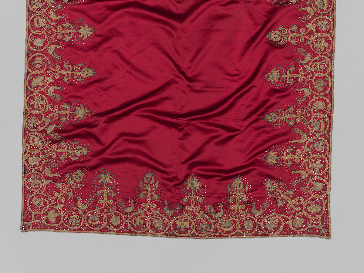 Bearing Cloth, Anonymous, Silk satin embroidered with silver and gilded silver metal-wrapped threads, British