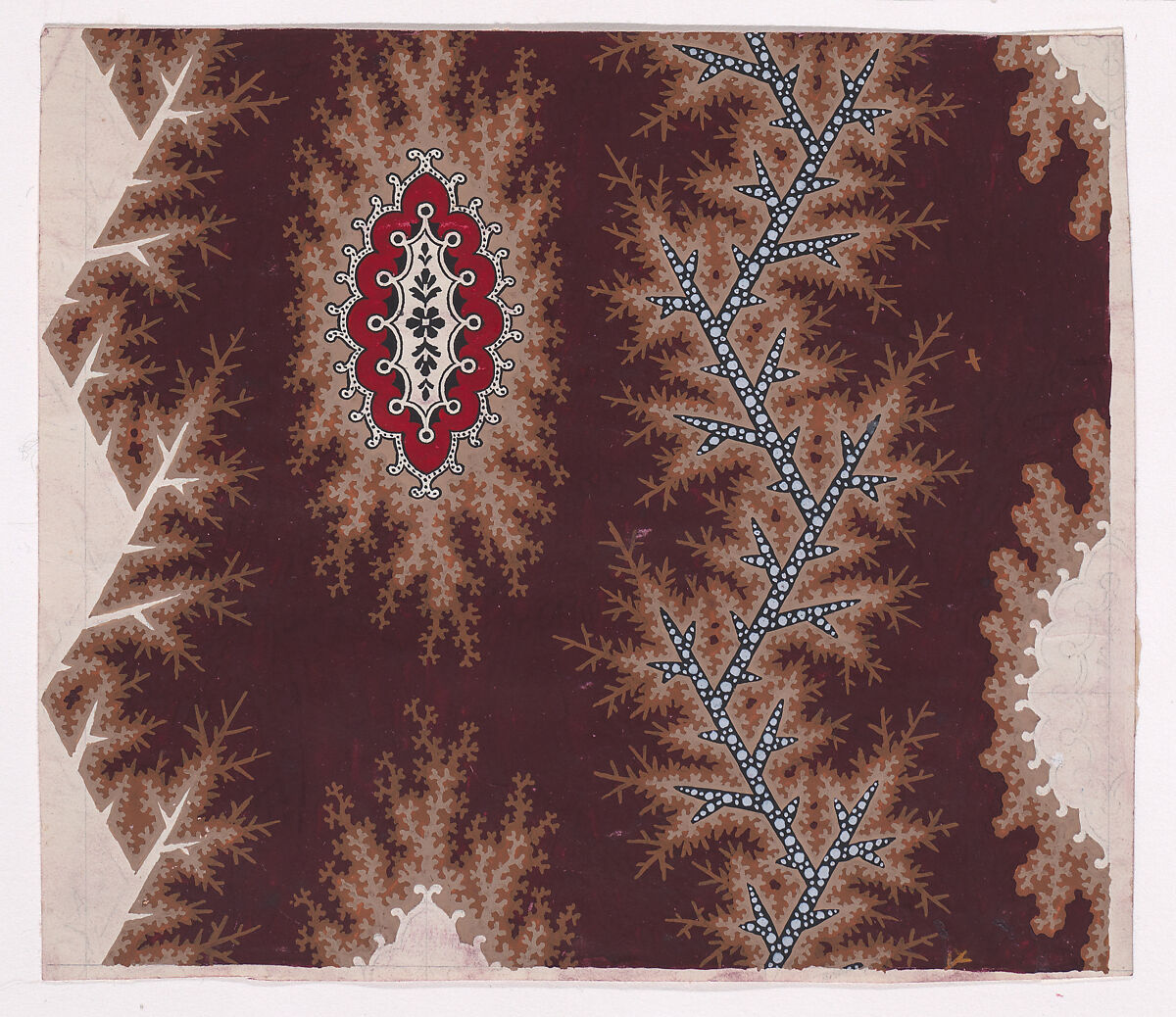 Textile Design with Alternating Vertical Strips of Stiff Branches and Rosettes with Flanks over Ornamental Frames, Anonymous, Alsatian, 19th century, Gouache 