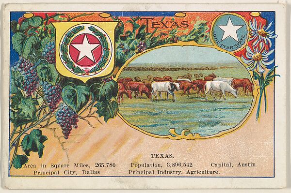 Texas postcard from the Cards of States series (D22), issued by the Cushman Bread Company, Issued by Cushman Bread Company, Commercial color lithograph 