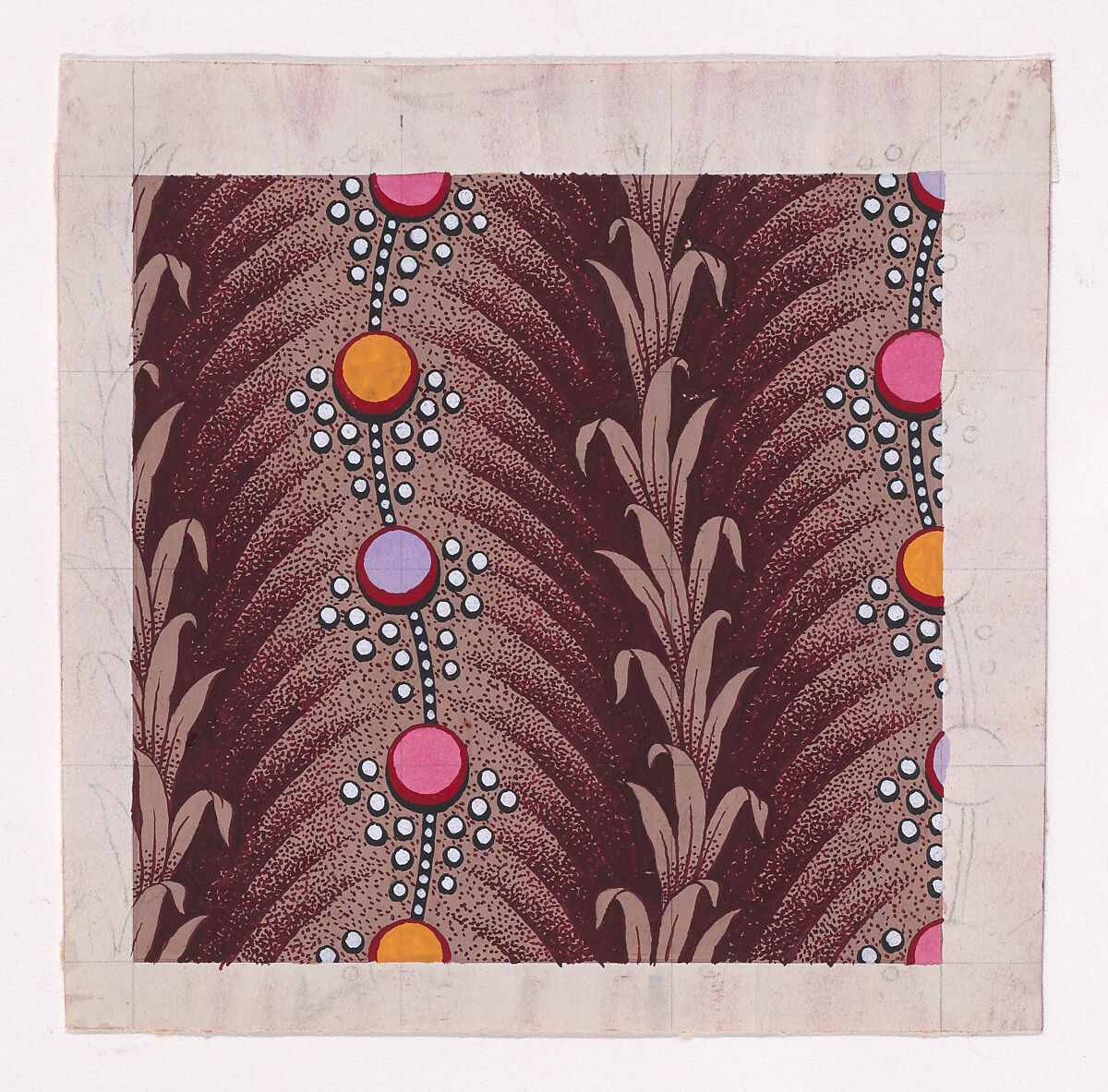 Textile Design with Alternating Vertical Garland of Stylized Leaves and Undulating Circles Surrounded by Pearls, Anonymous, Alsatian, 19th century, Gouache 