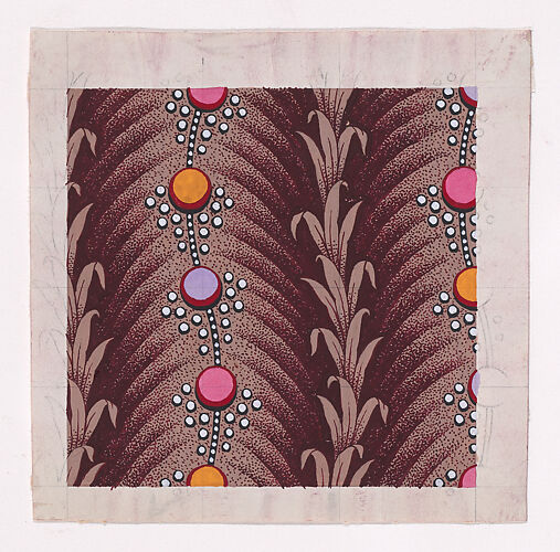 Textile Design with Alternating Vertical Garland of Stylized Leaves and Undulating Circles Surrounded by Pearls
