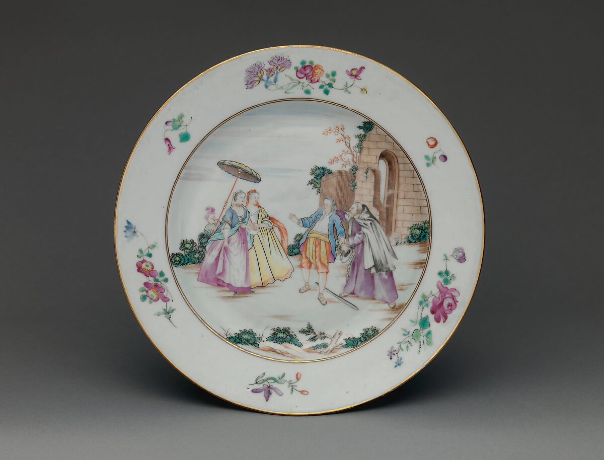 Plate with scene from "Les Oies de Frère Philippe", Decoration after Nicolas Lancret (French, Paris 1690–1743 Paris), Porcelain, Chinese, made for export 