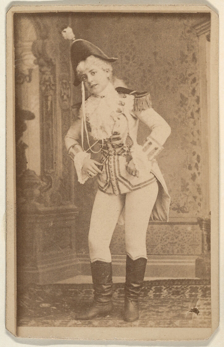 Actress wearing military costume standing with hands on hips, from the Actresses series (N668), Albumen photograph 