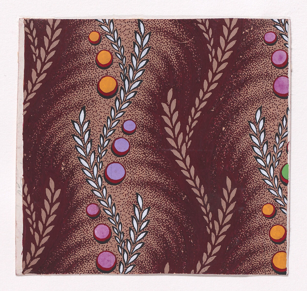 Textile Design with Alternating Vertical Stripes of Undulating Wheat Ears and Undulating Wheat Ears with Circles, Anonymous, Alsatian, 19th century, Gouache 