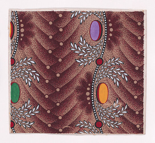 Textile Design with Alternating Vertical Stripes of Zig-Zagging Pearls Over Overlapping Scales and Ovals Framed By Crowns of Laurel Leaves Placed Alternately Along an Undulating Line Adorned with Pearls and Circles