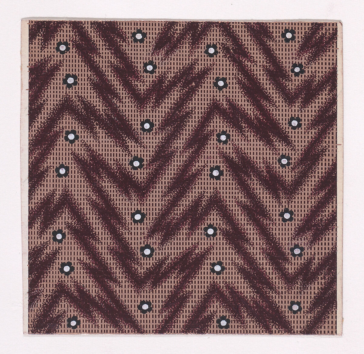 Textile Design with Rosettes and Pearls over a Checked Background with Zig-Zagging Lines, Anonymous, Alsatian, 19th century, Gouache 