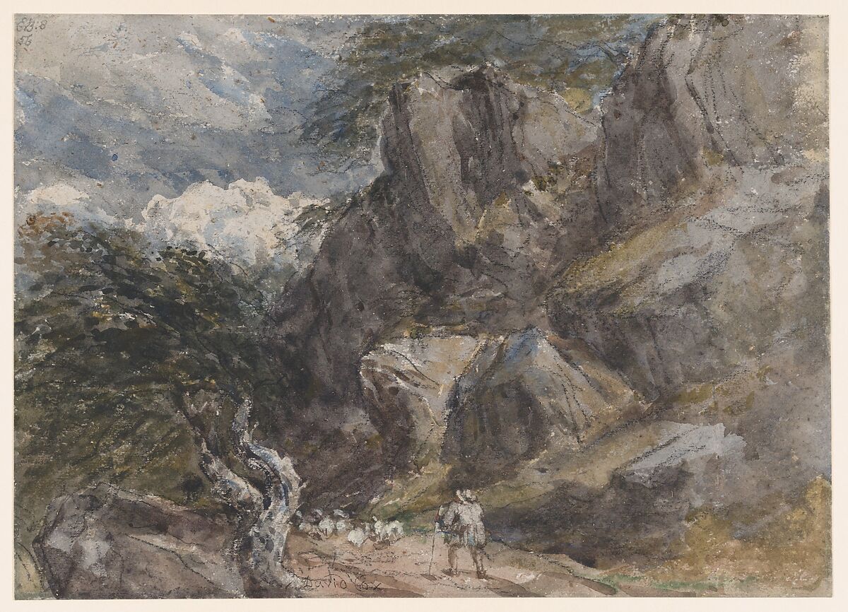 Driving sheep in a rocky landscape, David Cox (British, Birmingham 1783–1859 Harborne, near Birmingham), Black chalk and watercolor, heightened with white gouache (bodycolor) and gum arabic 