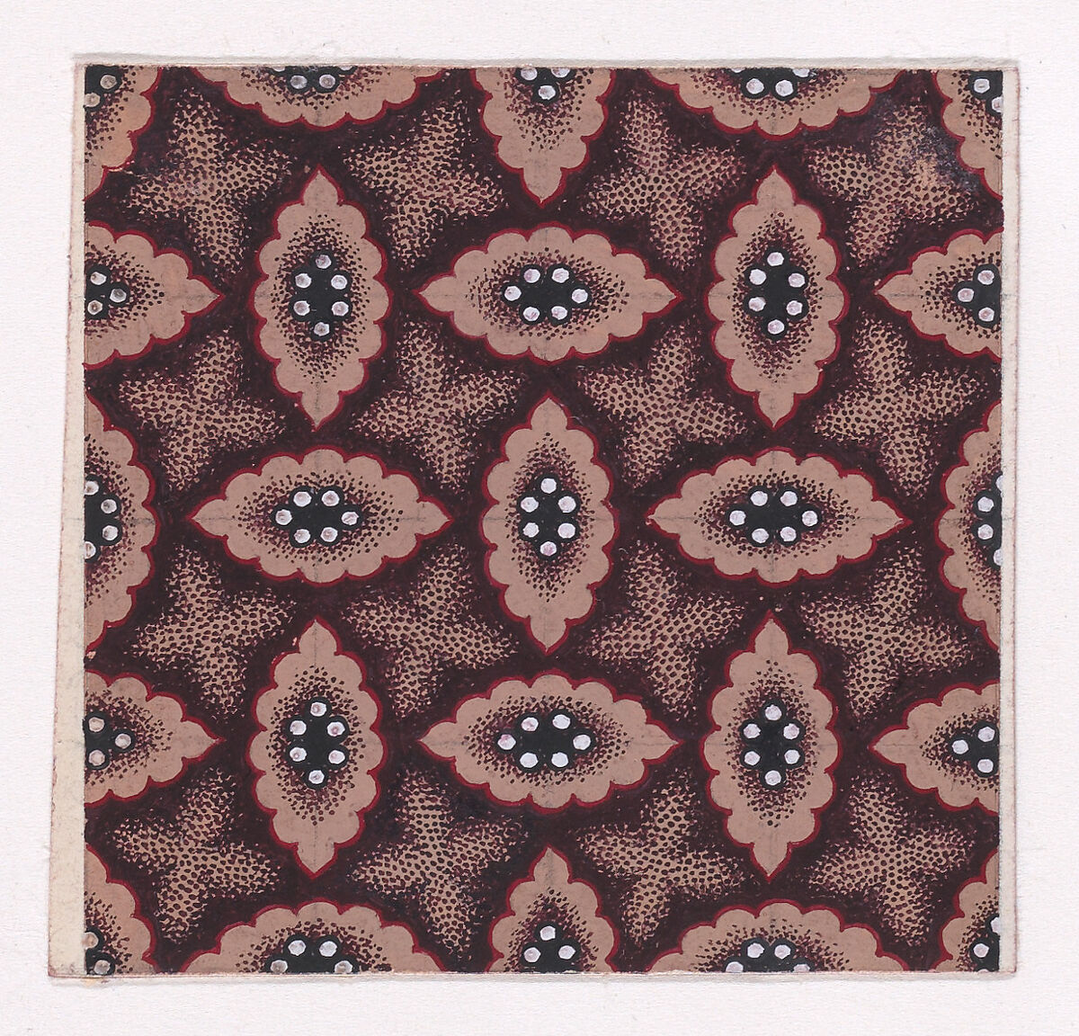 Textile Design with Alternating Strips of Groups of Three Pearls Framed by Undulating Stippled Garlands, Anonymous, Alsatian, 19th century, Gouache 