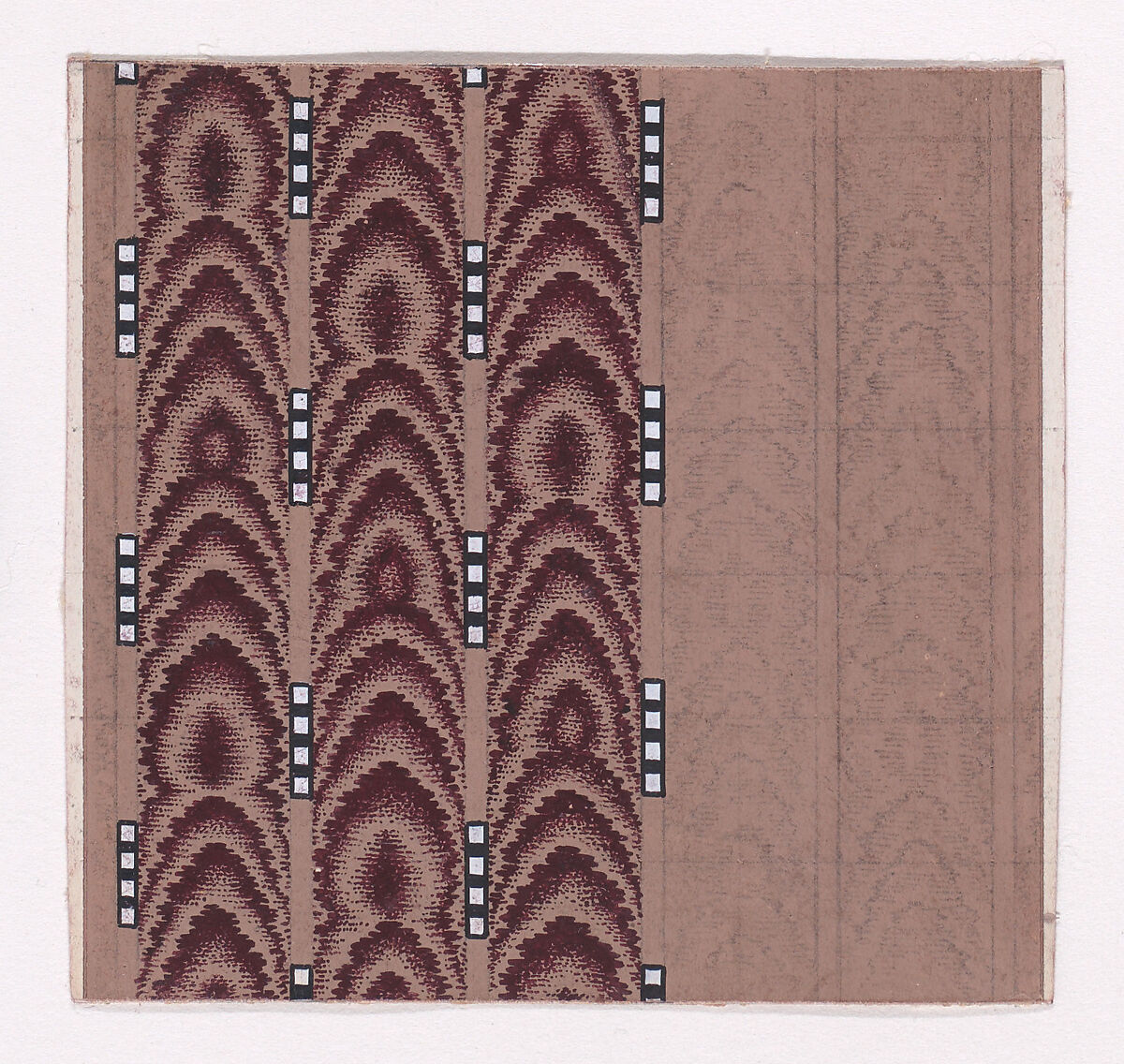 Textile Design of Vertical Stripes of Overlapping Scales Simulating Tie-Dye Framed by Alternating Vertical Strings of Squares, Anonymous, Alsatian, 19th century, Gouache 