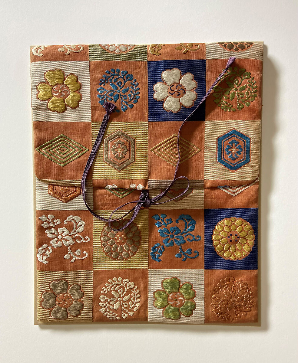 Bag for a Noh Mask with Flowers and Geometric Patterns, Plain-weave silk with supplementary silk weft patterning, Japan